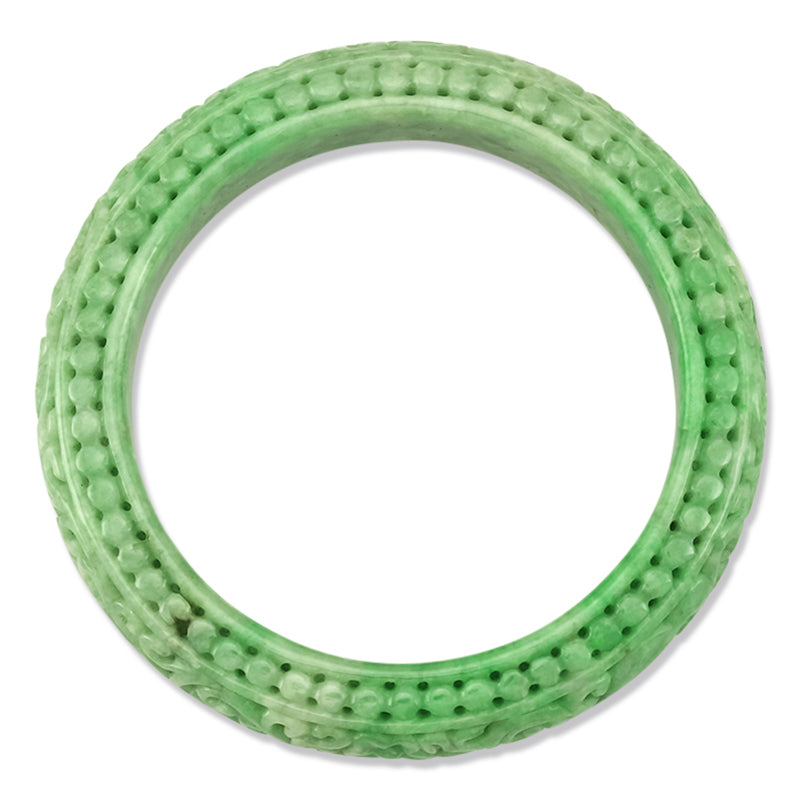 Green Jadeite Jade Bangle Bracelet with Carving | UPC #383395