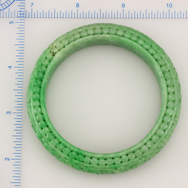 Green Jadeite Jade Bangle Bracelet with Carving | UPC #383395