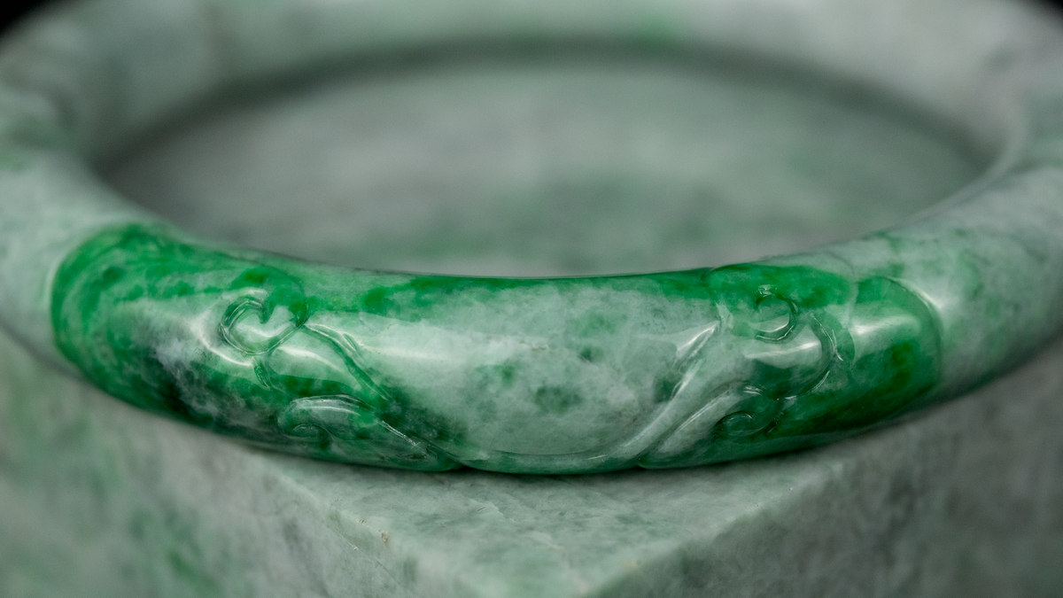 Green Jadeite Jade Carved Cylindrical Bangle 57.9MM | UPC #408111