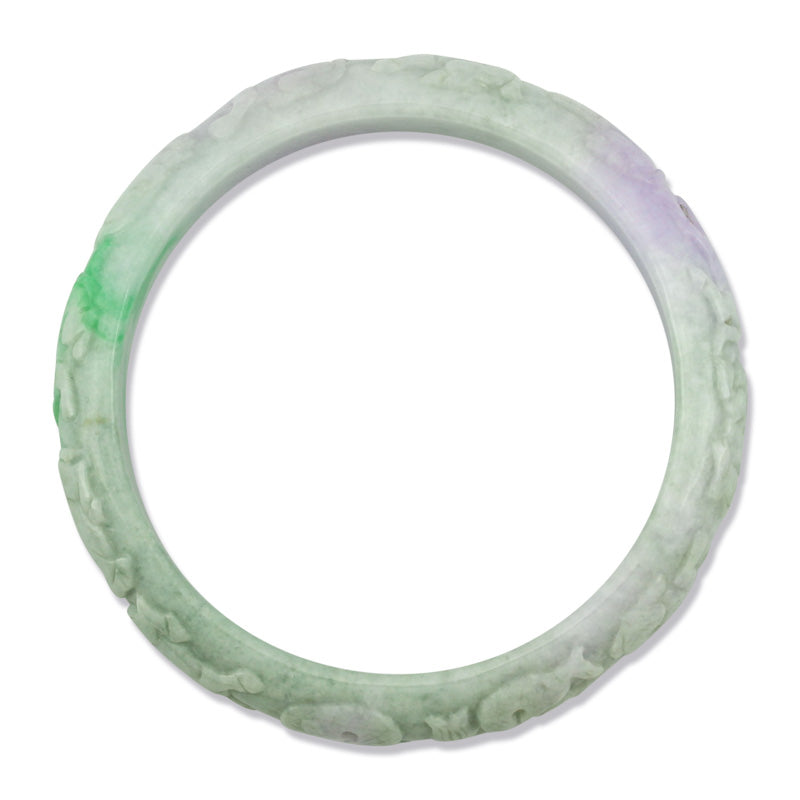 GREEN & LAVENDER JADEITE JADE CARVED ZODIAC HALF ROUND BANGLE 61.5MM UPC #381339
