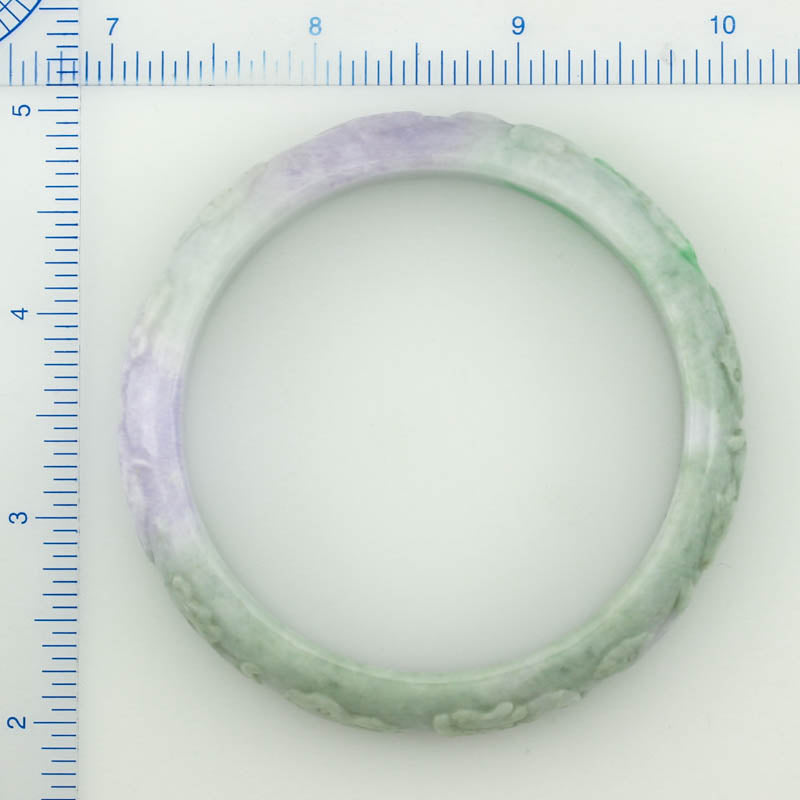 GREEN & LAVENDER JADEITE JADE CARVED ZODIAC HALF ROUND BANGLE 61.5MM UPC #381339