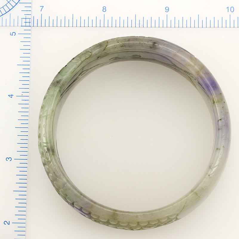 Carved Half Round Green and Lavender Jadeite Jade Bangle 61.1MM | UPC #281929