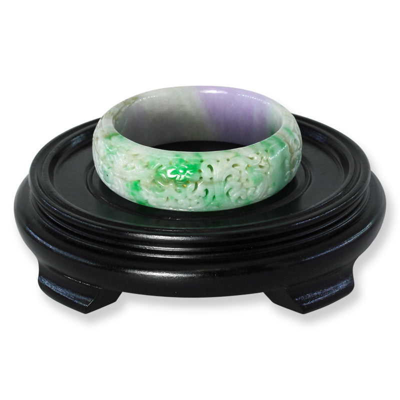 Green and Lavender Jadeite Jade Carved Half Round Cuff Style Bangle 59MM | UPC #281868