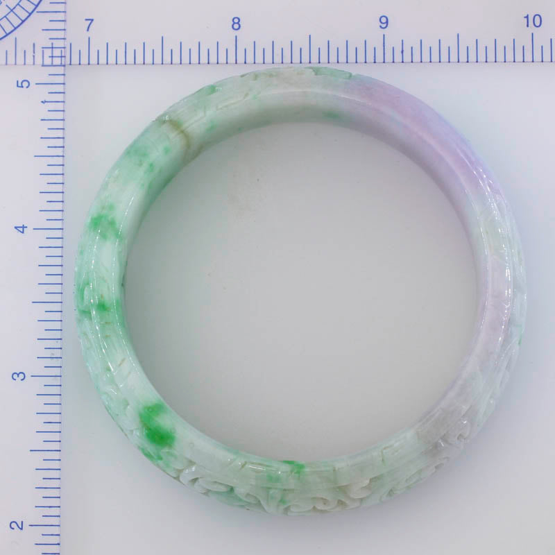 Green and Lavender Jadeite Jade Carved Half Round Cuff Style Bangle 59MM | UPC #281868