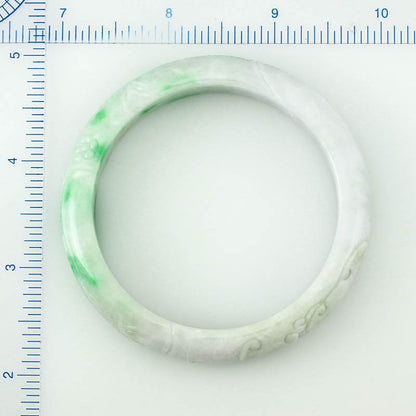 Green and White Half Round Carved Jadeite Jade Bangle 57.1mm| UPC #379046