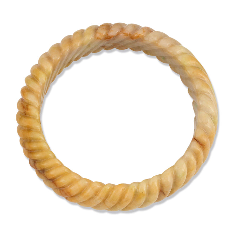 Carved Twist Half-Round Yellow Jadeite Jade Bangle Bracelet 57.5MM | UPC #357617