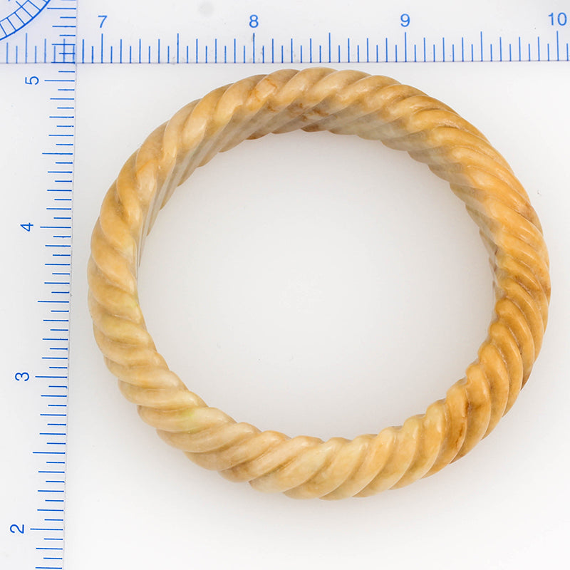 Carved Twist Half-Round Yellow Jadeite Jade Bangle Bracelet 57.5MM | UPC #357617