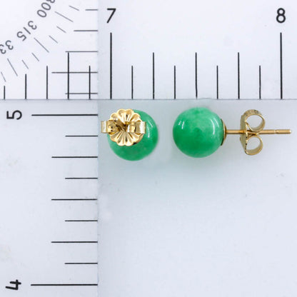 Green Jadeite Jade 7.5+MM Ball Stud 14K Yellow Gold Earrings | UPC #128804