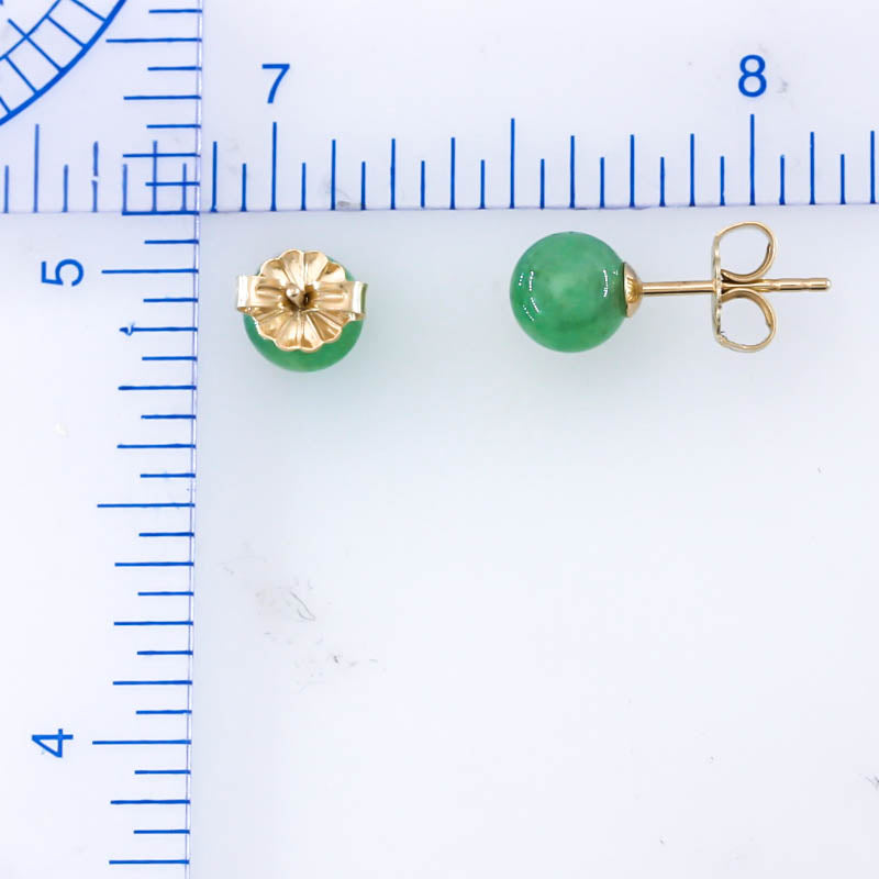 Green Jadeite Jade 6 5MM Ball Stud 14K Yellow Gold Earrings Jade Jewelry