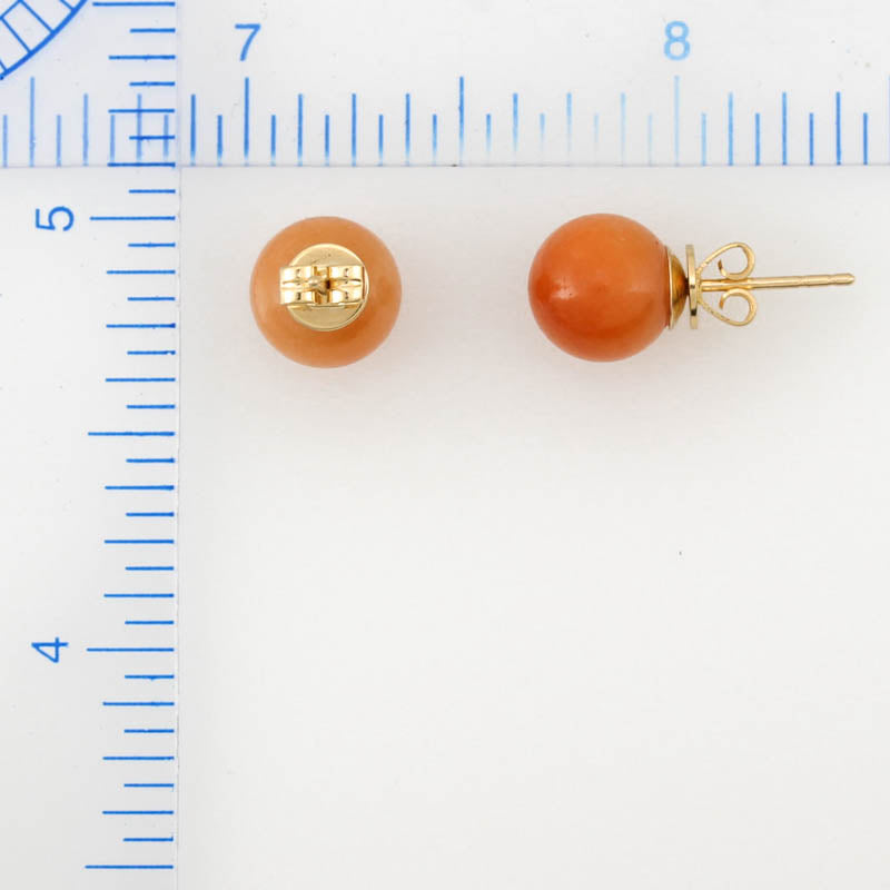 14K YELLOW GOLD RED JADEITE JADE 9MM BALL STUD EARRING UPC #381025