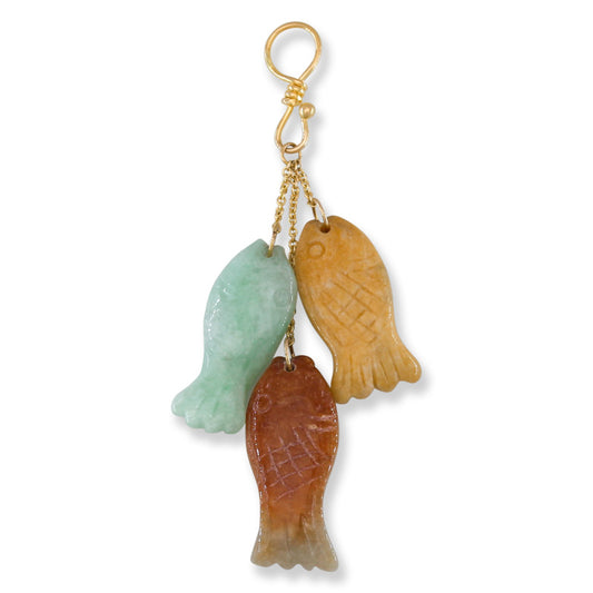 Triple Jade Fish Pendant | Green, Red and Yellow Carved Jadeite Jade in 14K Yellow Gold Pendant | UPC #404342
