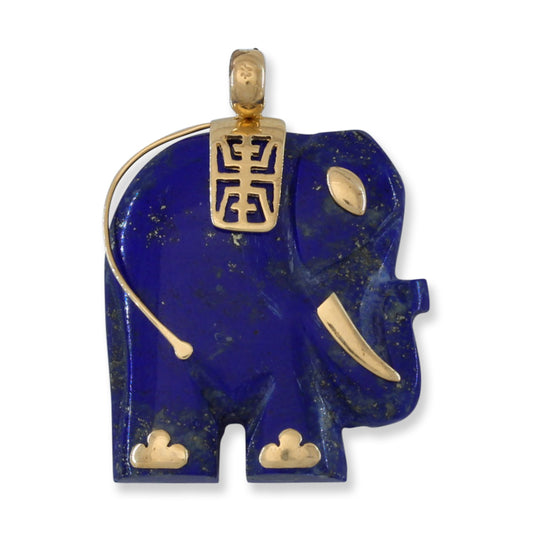 Lapis Lazuli Pendant | Lapiz Lazuli Jewelry Carving of Elephant in 14K Yellow Gold | UPC #000322