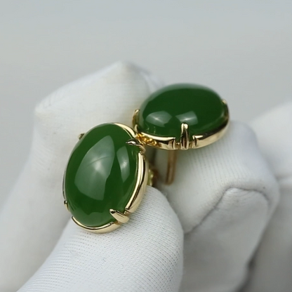 Green Nephrite Jade Oval Stud Earrings in 14K Yellow Gold | UPC #360747