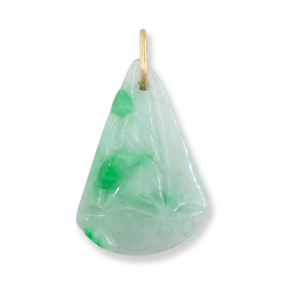 Green and White Jadeite Jade Carved Bamboo 14K Yellow Gold Pendant | UPC #161788