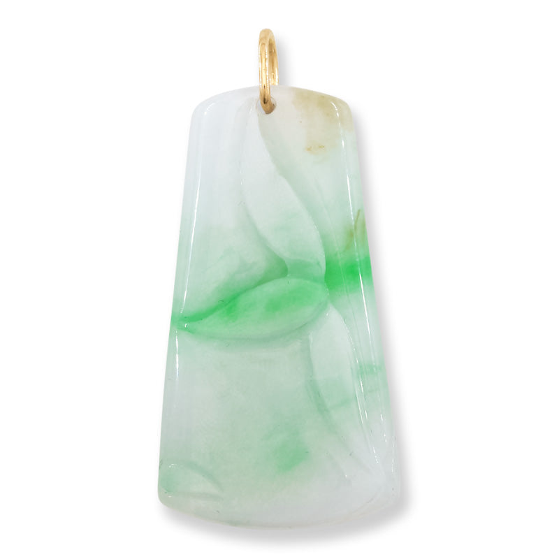 Green and White Jadeite Jade Carved Bamboo 14K Yellow Gold Pendant | UPC #045491
