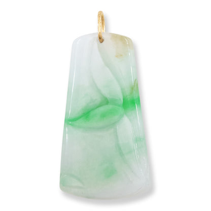 Green and White Jadeite Jade Carved Bamboo 14K Yellow Gold Pendant | UPC #045491