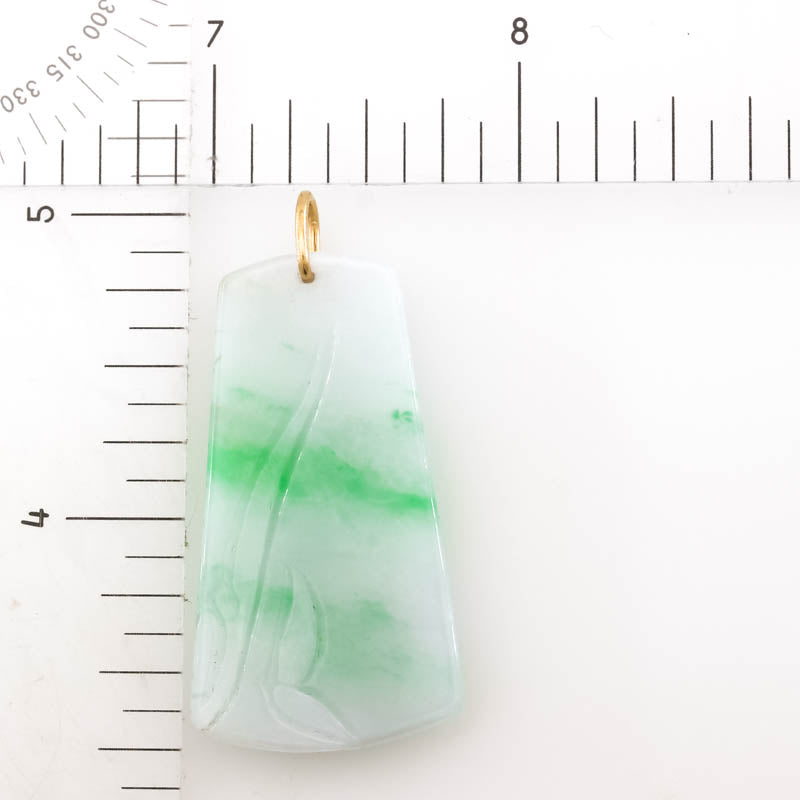 Green and White Jadeite Jade Carved Bamboo 14K Yellow Gold Pendant | UPC #045491