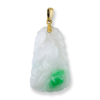 Vintage White and Green Jadeite Jade Ling Zhi Mushroom and Floral 14K Yellow Gold Pendant | UPC #405110