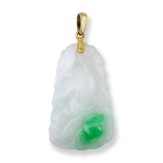 Vintage White and Green Jadeite Jade Ling Zhi Mushroom and Floral 14K Yellow Gold Pendant | UPC #405110
