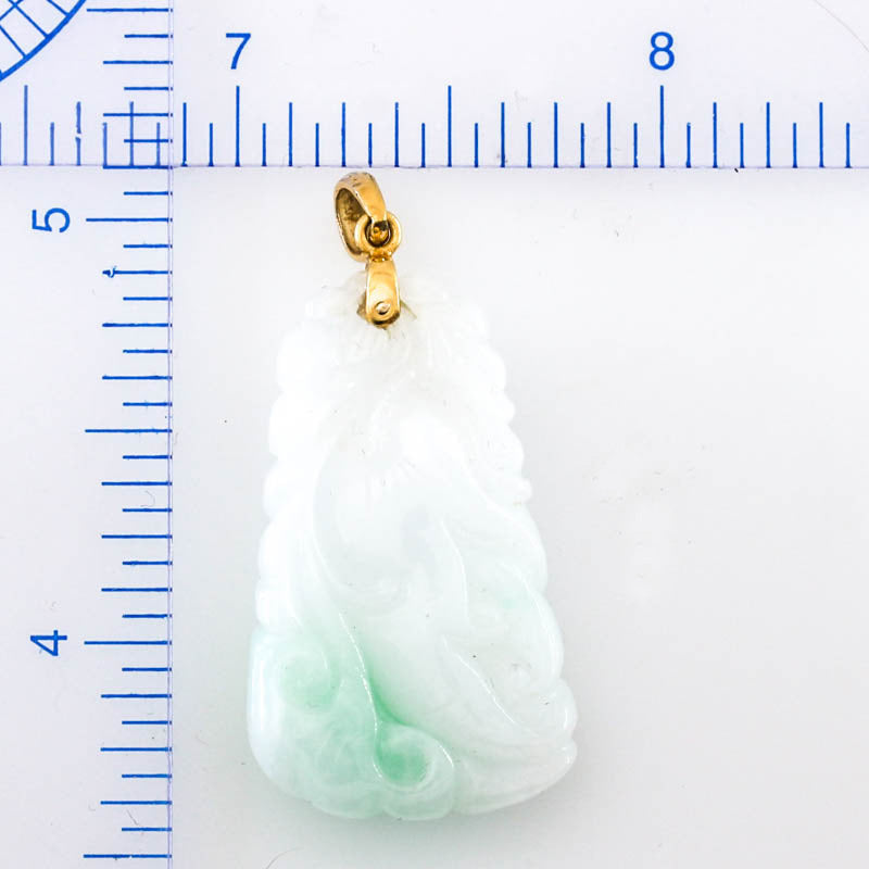 Vintage White and Green Jadeite Jade Ling Zhi Mushroom and Floral 14K Yellow Gold Pendant | UPC #405110