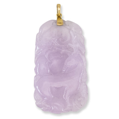 Vintage Lavender Jadeite Jade Ling Zhi Mushroom, Dragon and Deer 14K Yellow Gold Pendant | UPC #404946