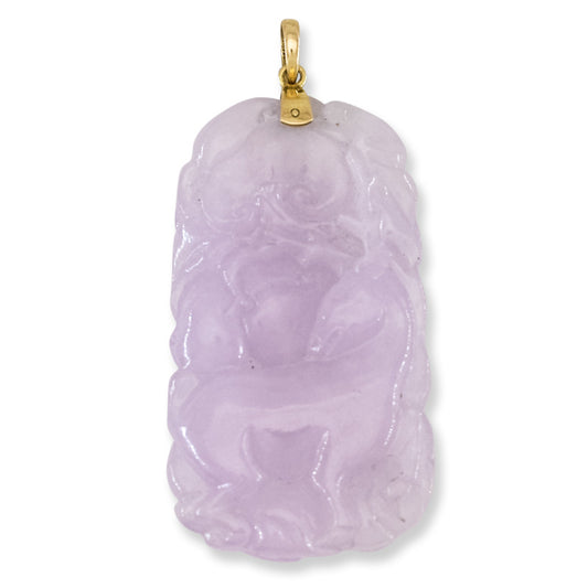 Vintage Lavender Jadeite Jade Ling Zhi Mushroom, Dragon and Deer 14K Yellow Gold Pendant | UPC #404946