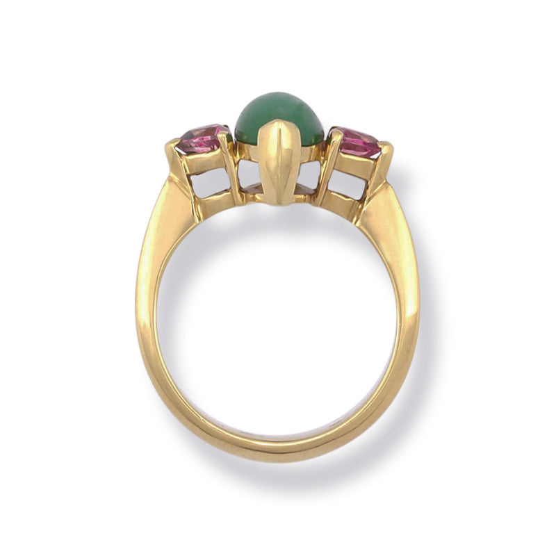 18K YELLOW GOLD GREEN JADEITE JADE & PINK TOURMALINE RING UPC #285521