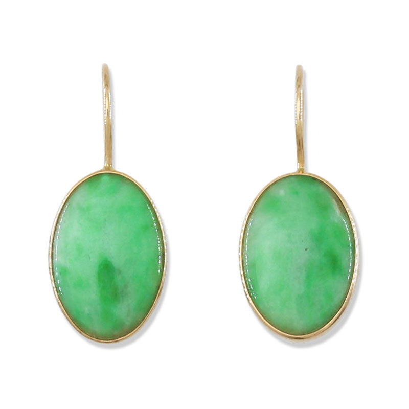 14K YELLOW GOLD GREEN JADEITE JADE OVAL DROP EARRING UPC #394421