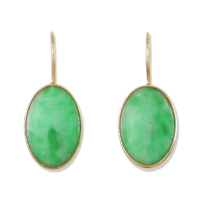14K YELLOW GOLD GREEN JADEITE JADE OVAL DROP EARRING UPC #394421