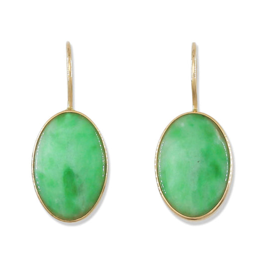 14K YELLOW GOLD GREEN JADEITE JADE OVAL DROP EARRING UPC #394421