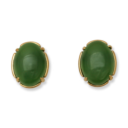 Green Nephrite Jade Oval Stud Earrings in 14K Yellow Gold | UPC #360747