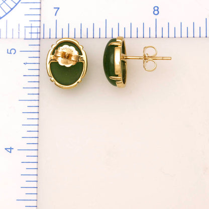 Green Nephrite Jade Oval Stud Earrings in 14K Yellow Gold | UPC #360747