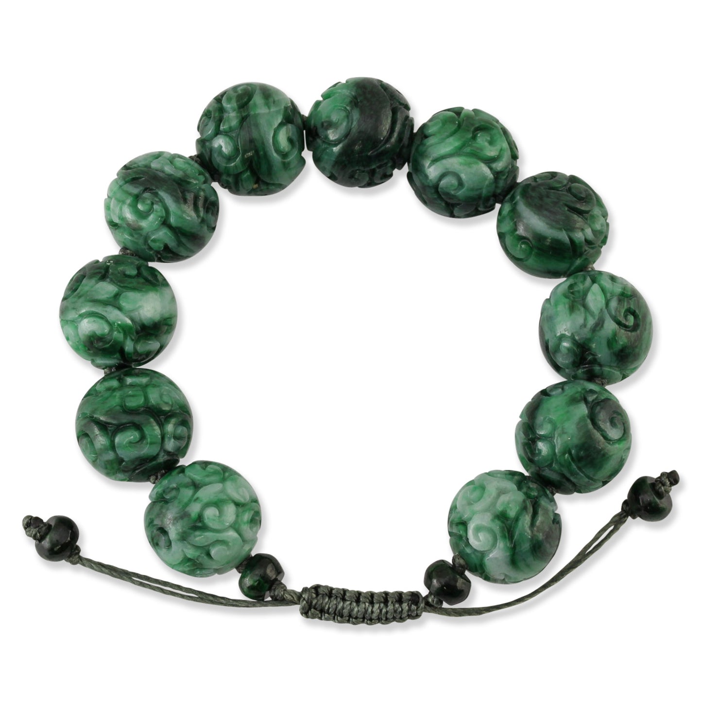 Green Jadeite Jade Carved Bead Bracelet on Adjustable Cord | UPC #378797