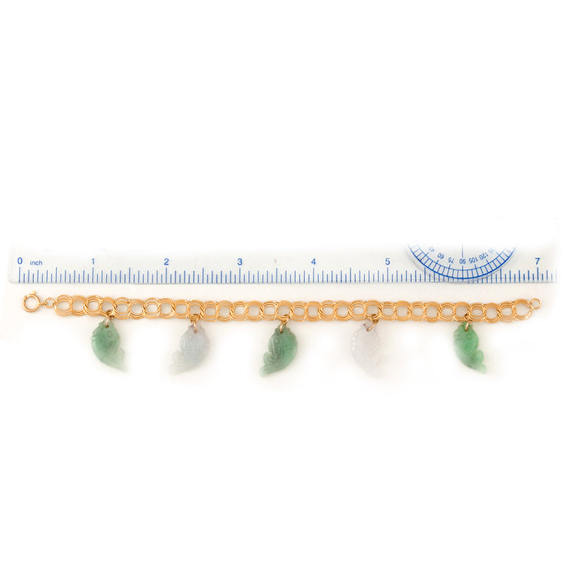 Jade Charm Bracelet with White and Green Jade Fish Carvings in 14K Yellow Gold | UPC #390164