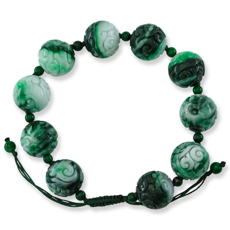 Green Jadeite Jade Adjustable Carved Bead Bracelet | UPC #397033