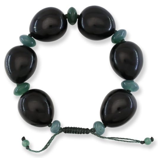 Adjustable Black Nephrite Jade and Blue-Green Jadeite Jade Bead Bracelet | UPC #400955