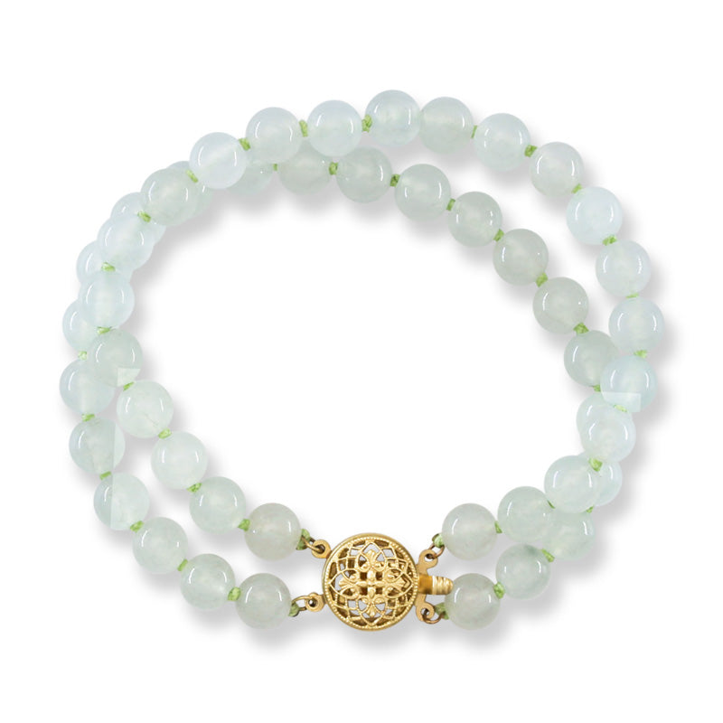 Water Jadeite Jade Double Strand Bead Bracelet 14K Yellow Gold | UPC #407725