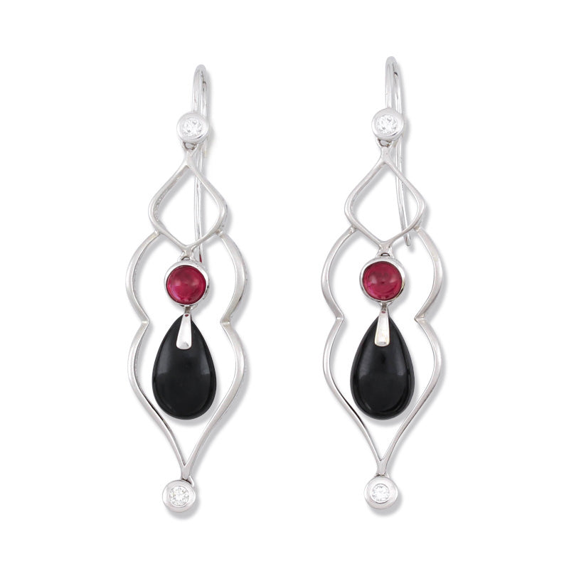 18K White Gold Nephrite Black Jade and Ruby Earrings | UPC #393653