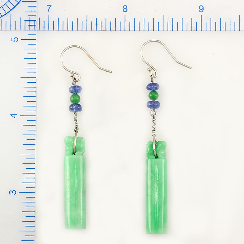 14K White Gold Green Jadeite Jade Fu Dog Carving Earrings with Genuine Sapphire | UPC #314429