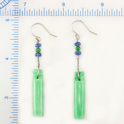 14K White Gold Green Jadeite Jade Fu Dog Carving Earrings with Genuine Sapphire | UPC #314429