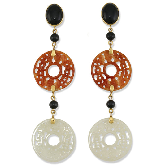 14K YELLOW GOLD RED & ICY WHITE JADEITE JADE DROP EARRING UPC #385061