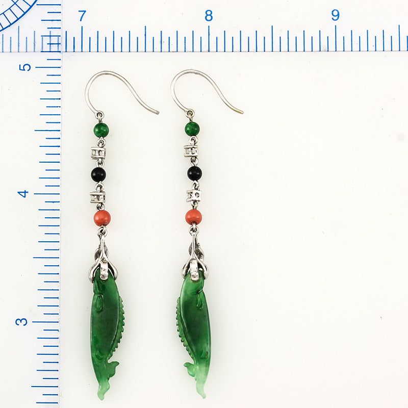 18K White Gold Green Jadeite Jade Carvings of Fish Earrings with Jade Beads and Coral Beads | UPC #313057