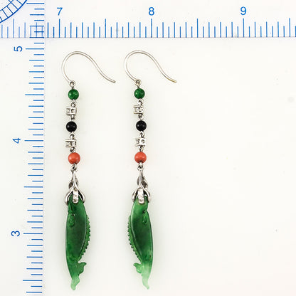 18K White Gold Green Jadeite Jade Carvings of Fish Earrings with Jade Beads and Coral Beads | UPC #313057