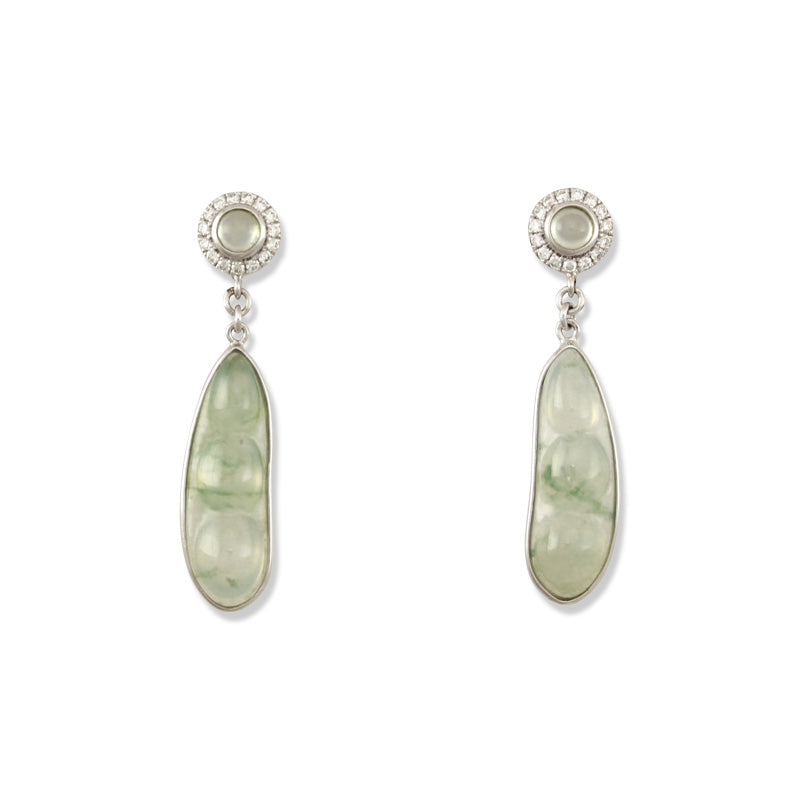 18K White Gold Ice Jadeite Jade Pea Pod Drop Earrings for Women | UPC #348592
