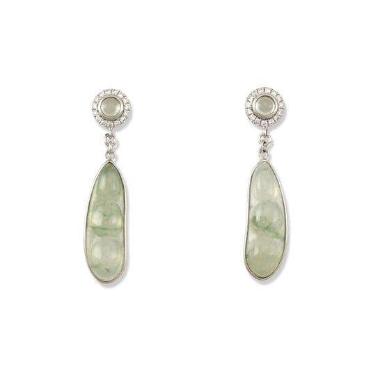 18K White Gold Ice Jadeite Jade Pea Pod Drop Earrings for Women | UPC #348592