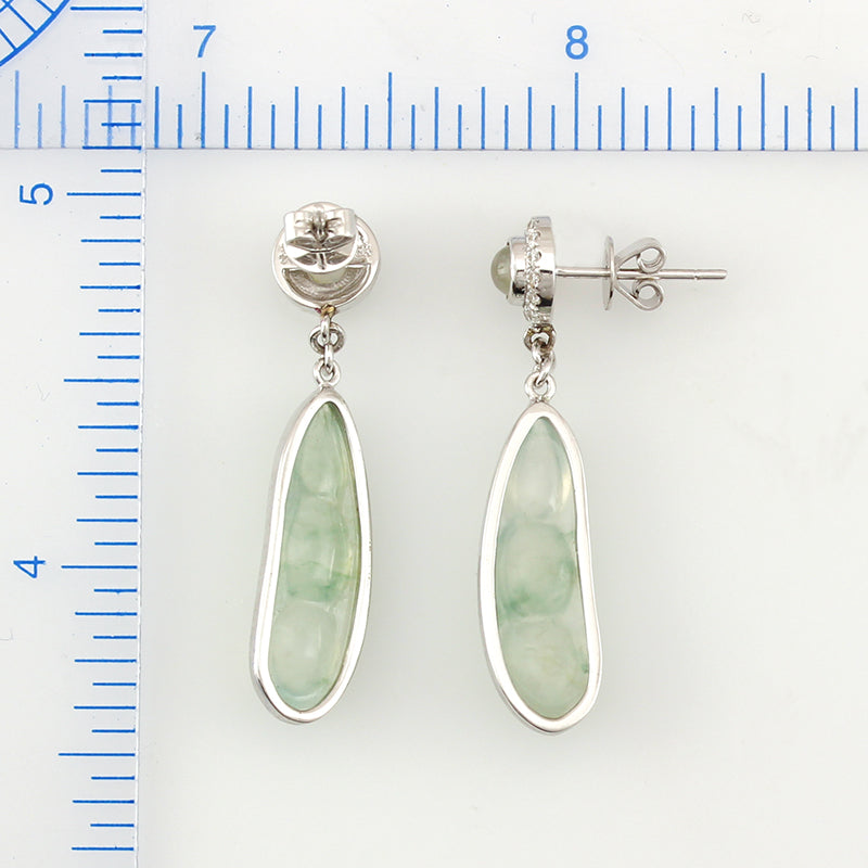 18K White Gold Ice Jadeite Jade Pea Pod Drop Earrings for Women | UPC #348592