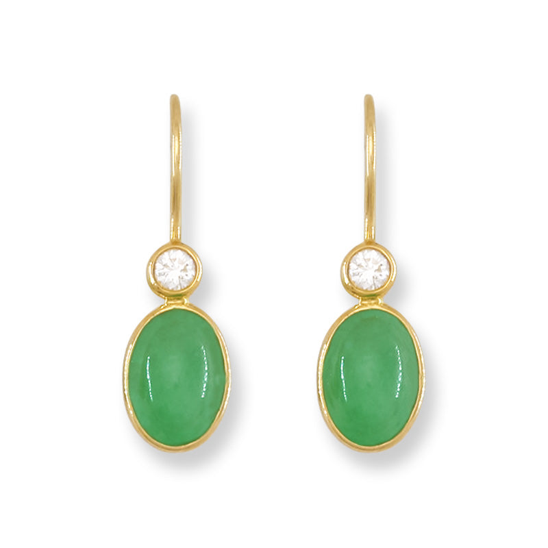 Green Jadeite Jade & Diamond Drop 18K Yellow Gold Earrings | UPC #402249