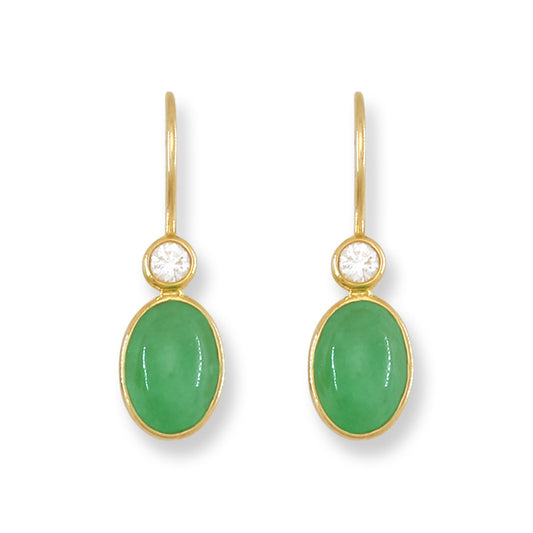 Green Jadeite Jade & Diamond Drop 18K Yellow Gold Earrings | UPC #402249