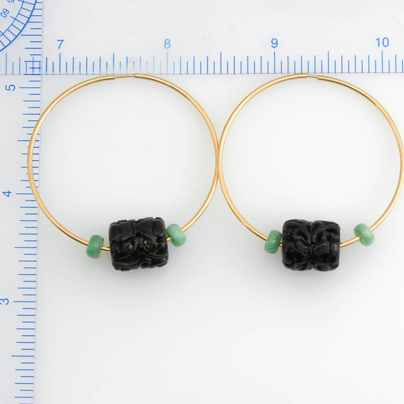 14K Yellow Gold Black Nephrite Jade Hoop Earrings | UPC #375291