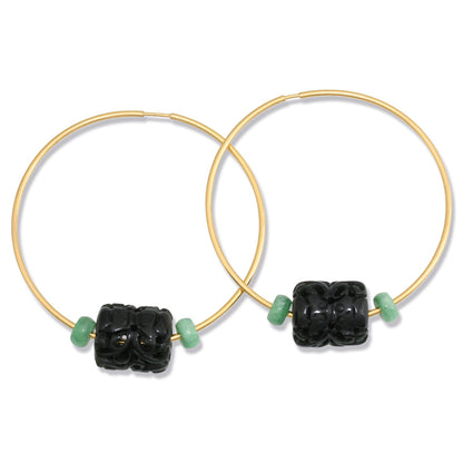 14K Yellow Gold Black Nephrite Jade Hoop Earrings | UPC #375291